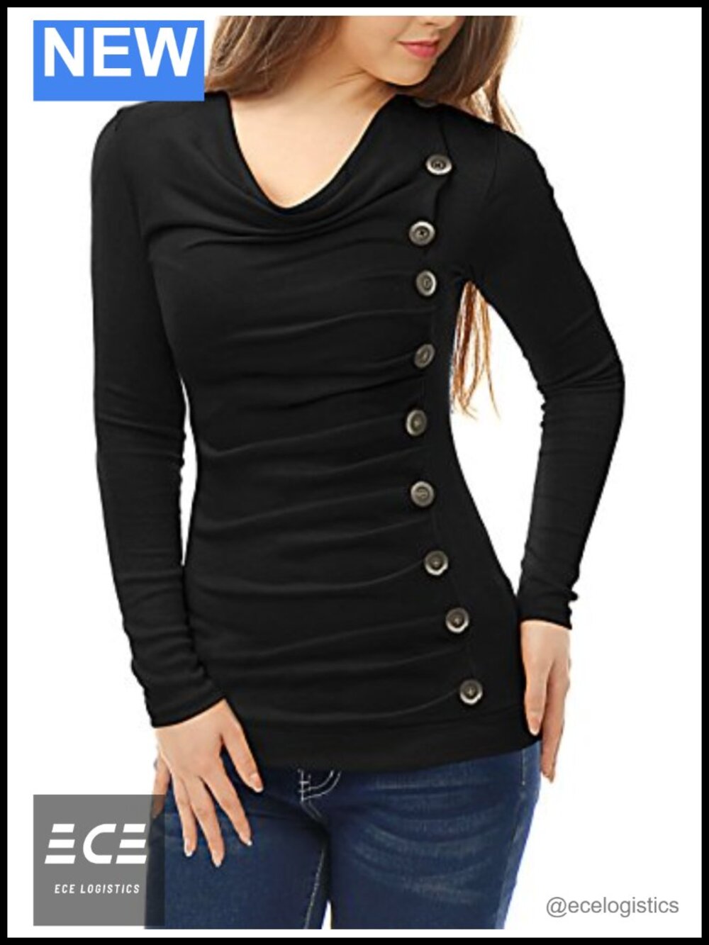 Cowl Neck Long Sleeve Button Decor Tunic Ruched Pullover Top